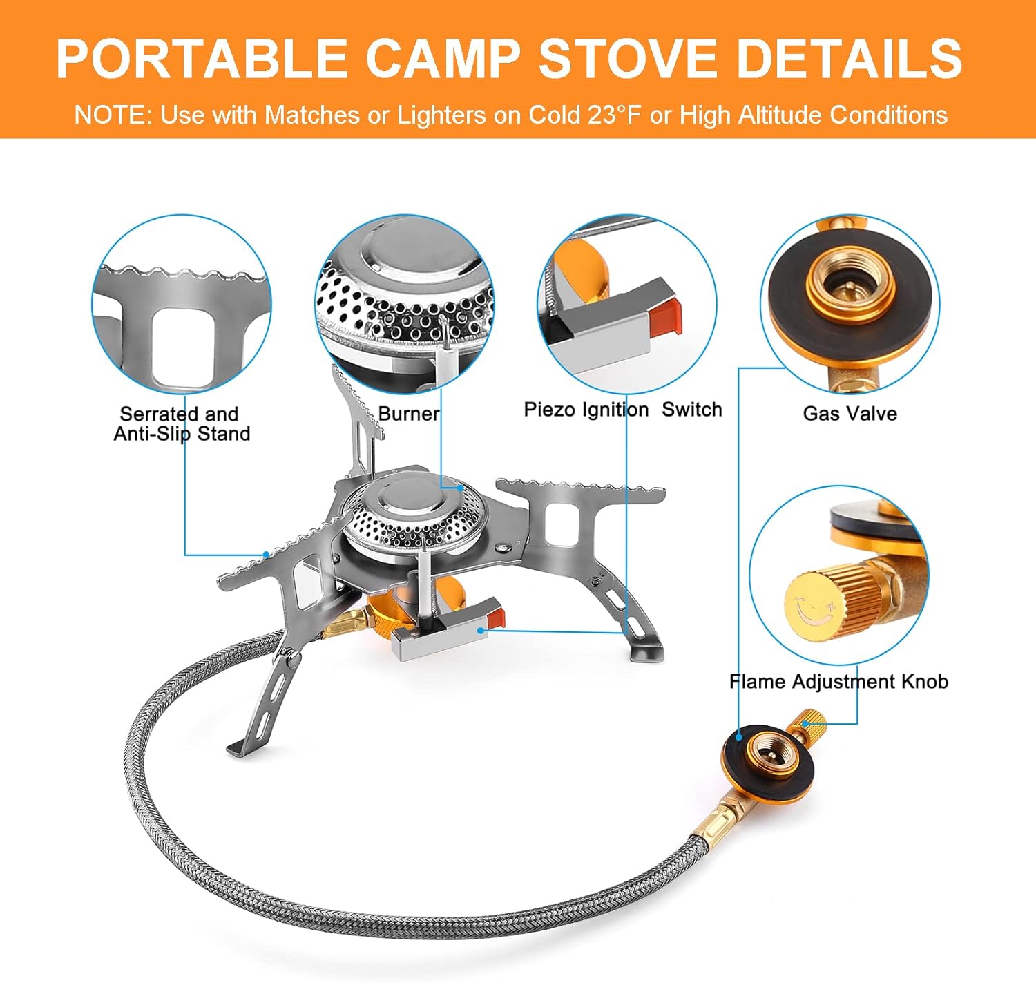 WADEO Camping Gas Stove, 3700W Portable Backpacking Stove with Piezo Ignition, Portable Burner