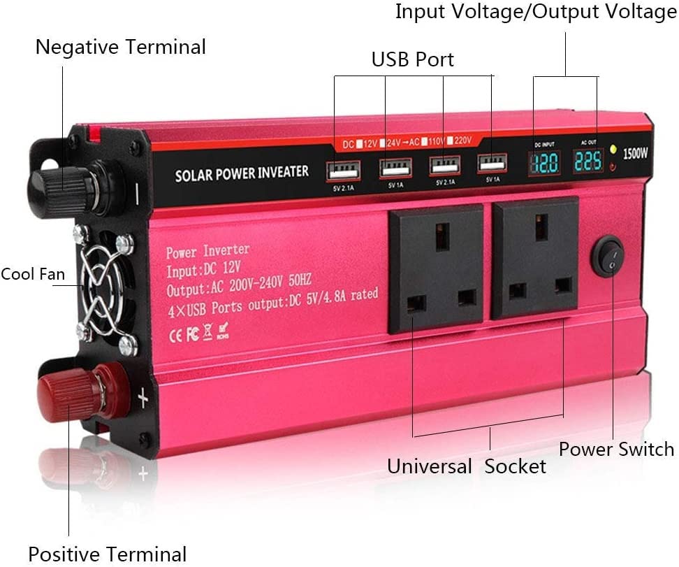 Car Converter Power Inverter 950W Car Power Inverter, DC 12V/24V to AC110/220V Pure Sine Wave Converter with 2 AC Outlets and 4 USB Port,LED Display