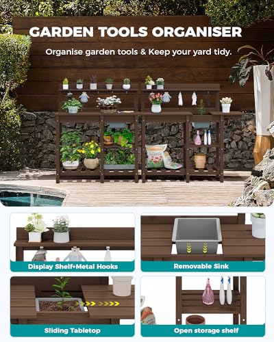 SERWALL Potting Bench Outdoor Potting Table with Sink, HDPE Potting Benches for Outside Gardening Table All Weather Use- Black