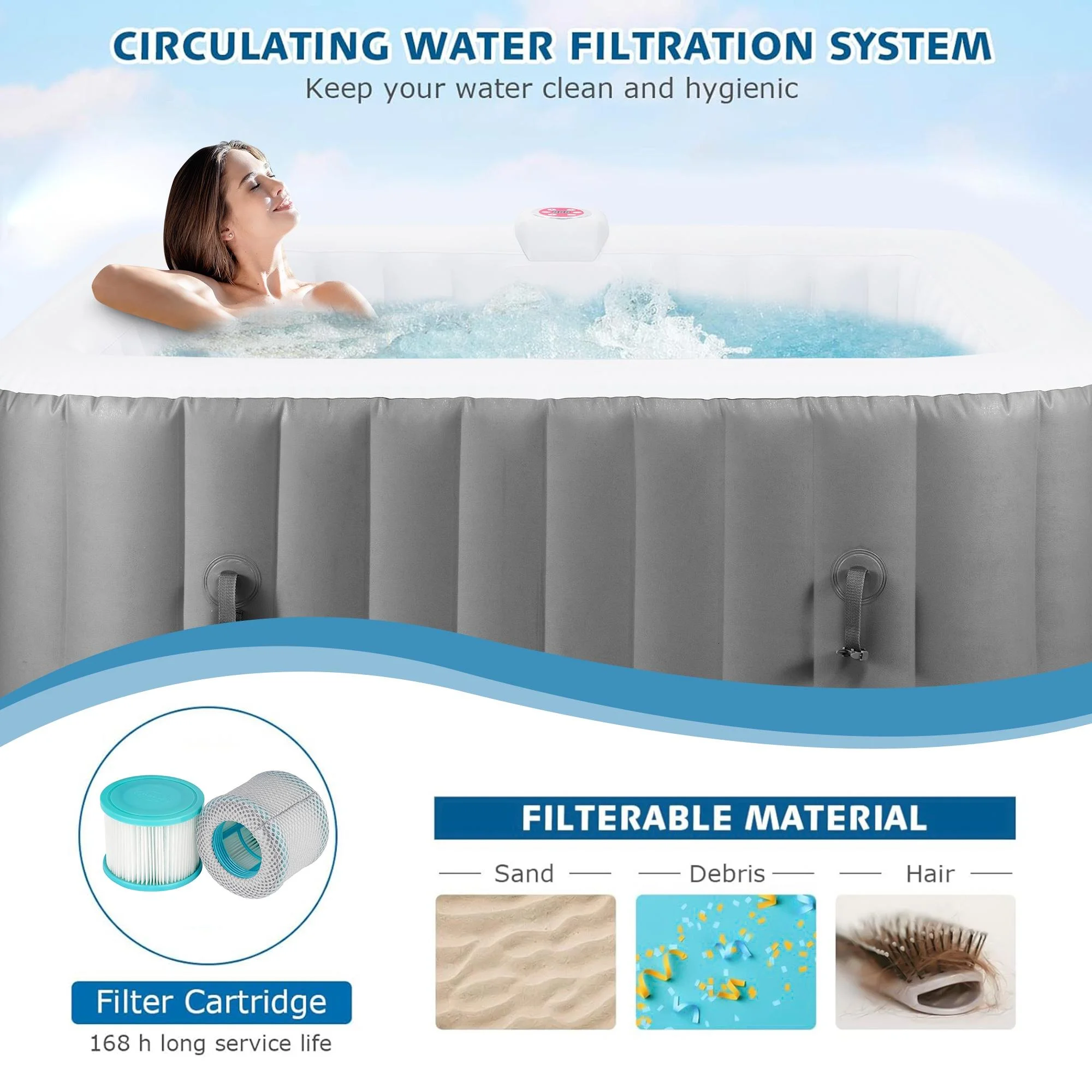 73 Inch 4-6 Person Inflatable Hot Tub Spa with Control Panel, Outdoor Portable Hottub with 130 Jets, Insulated Tub Cover and Floor Protector, Gray