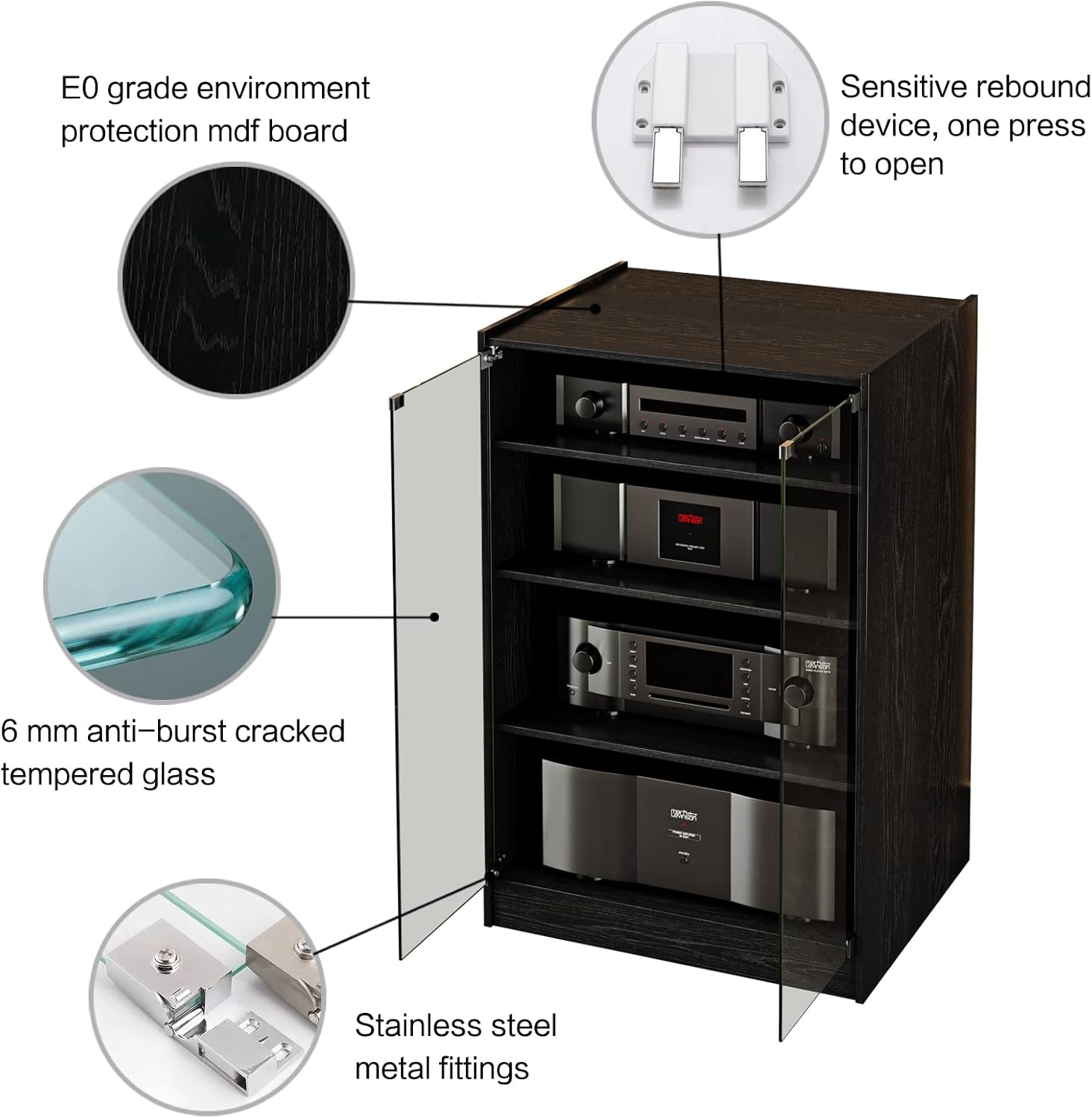 Media Storage Cabinet with Height Adjustable, 4-Tier Shelves Audio Video Media Stand Cabinet, Modern AV Cabinet with Glass Doors