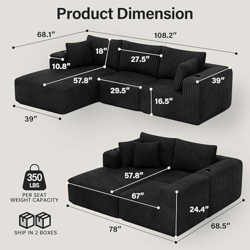 DURASPACE 108'' Modular Sectional Sofa, Cloud Boneless Couch with Deep Seat, Cup Holder, Memory Foam, Corduroy L Shaped Couch for Living Room Bedroom