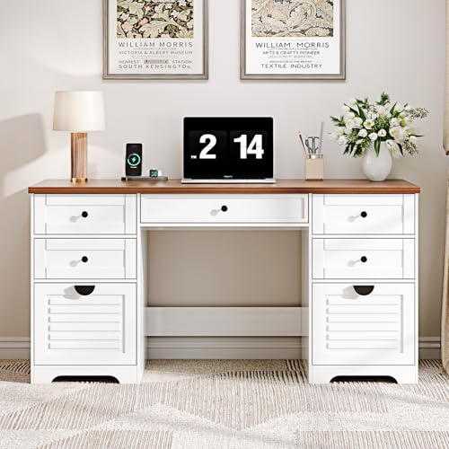 59" Home Office Desks, Executive Desk, Farmhouse Computer Desk with 7 Drawers and Charging Station, File Drawer, Rustic Computer Writing Desk