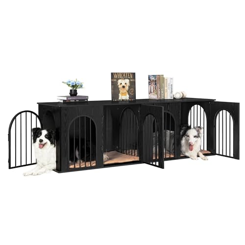 71" Dog Crate Furniture for 2 Dogs, Heavy Duty Indoor Dog Kennel TV Stand, XXL Wooden Dog Cage with Divider for Medium Large Dogs