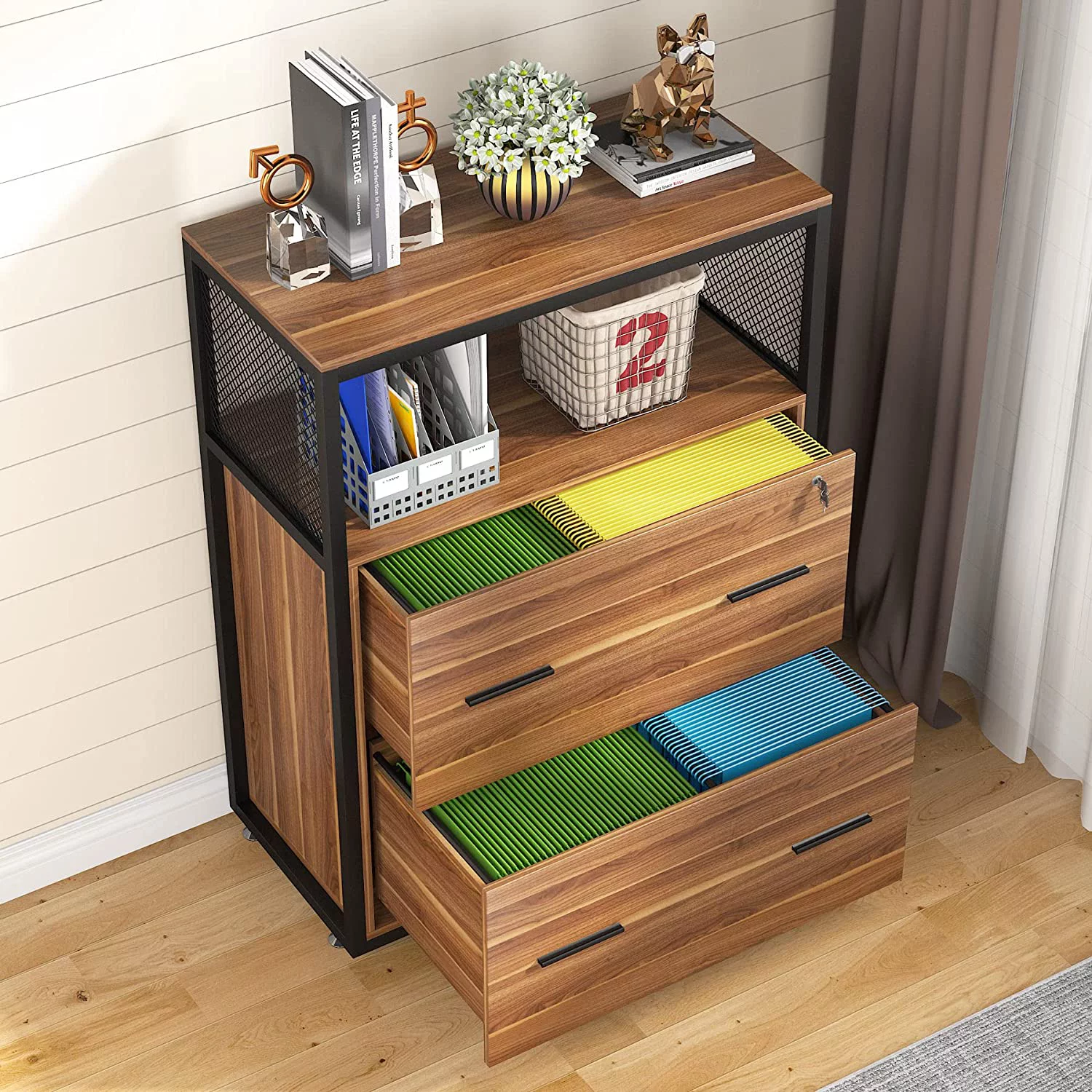 2-Drawer Lateral File Cabinets Legal Size, Large Filing Cabinet with Lock, Printer Stand with Open Storage Shelves for Study, Home Office (Walnut)