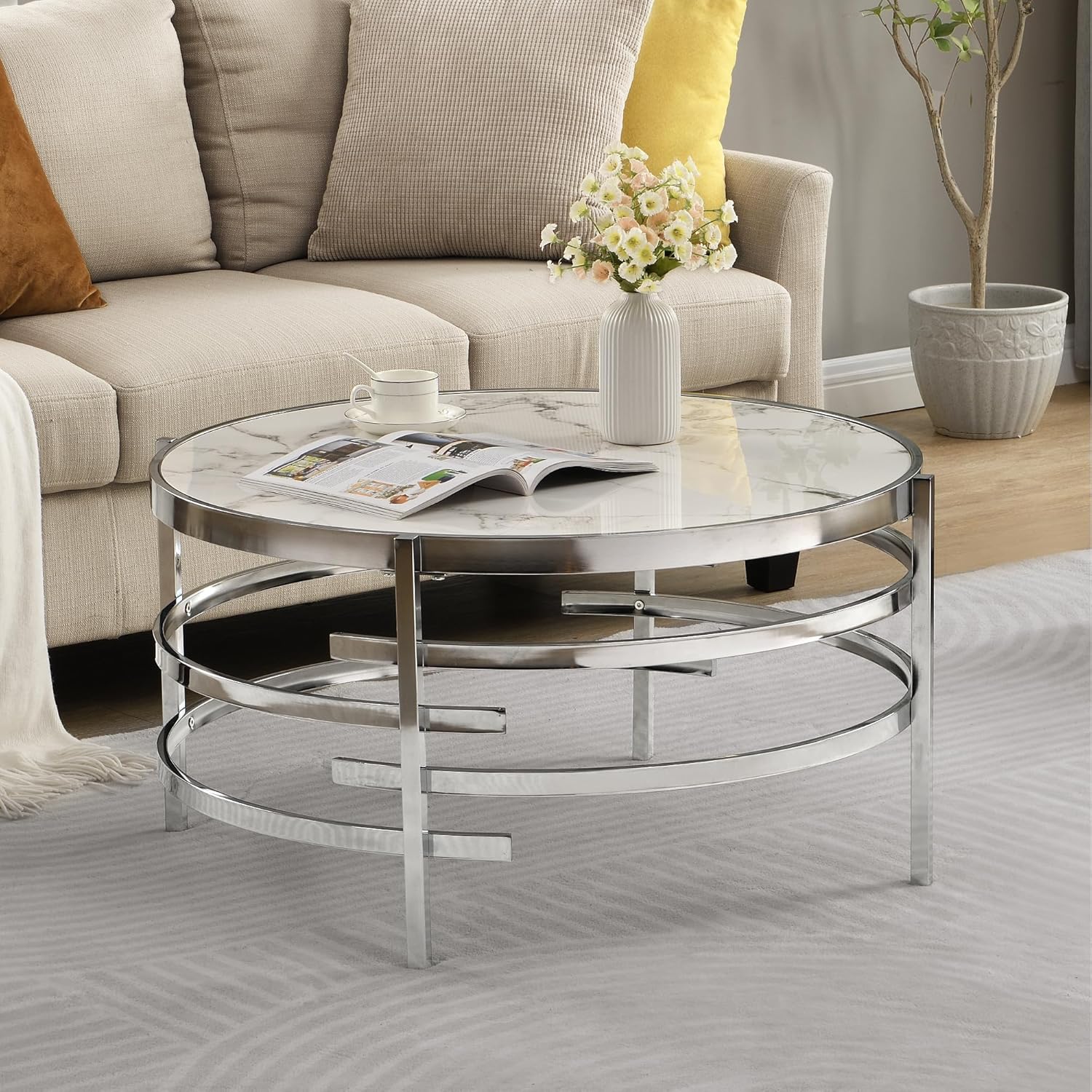Goujxcy Modern Round Coffee Table, Elegant Coffee Table with Faux Marble Sintered Stone & Irregular Silver Metal Frame