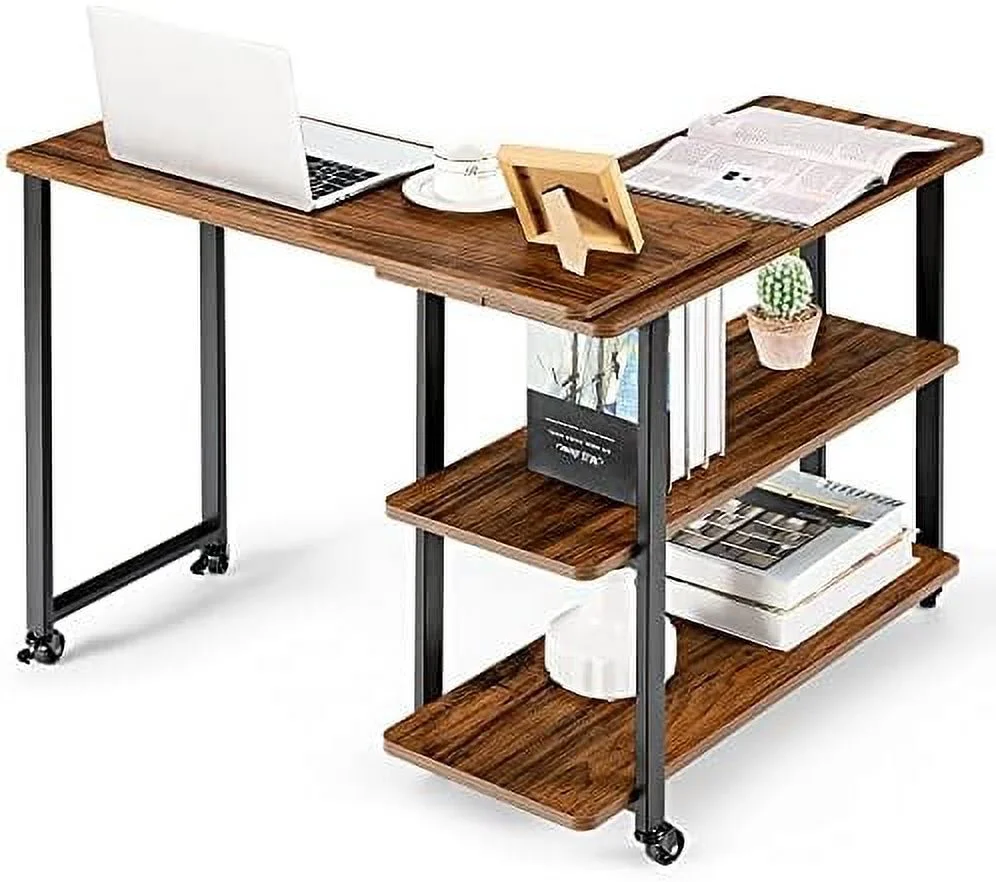 KHBIULIFE ° Rotating Sofa   Patented L-Shaped Corner Desk with 2-Tier    Mobile End Table Movable Laptop Table with Casters  for Home Office (Walnut)