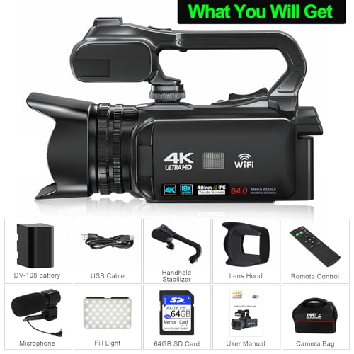 VETEK Camcorders Video Camera 4K, Video Camera Auto Focus Vlogging Camera for YouTube 64MP 60FPS 4 Inch Touch Screen 18X Digital Zoom with WiFi