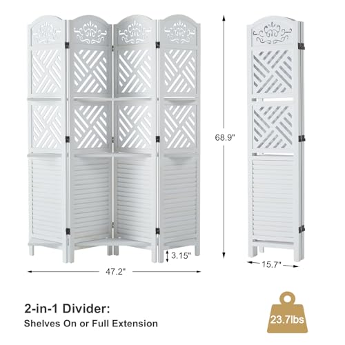 Room Divider with Shelves, 5.75ft Tall Folding Wood Carved Screen with Double Hinges for Home Office Bedroom Hotel Decoration (6 Panels, Natural)