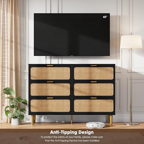 Rattan 5 Drawer Dressers for Bedroom, Tall Dresser with Deep Drawers, Large Chest of Drawers for Closet with Wide Top