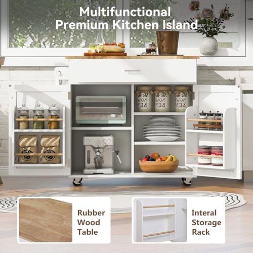 53.5''Farmhouse Kitchen Island with Power Outlet, Kitchen Storage Island with Drop Leaf, Spice Rack and Drawer, Rolling Kitchen Cart on Wheels