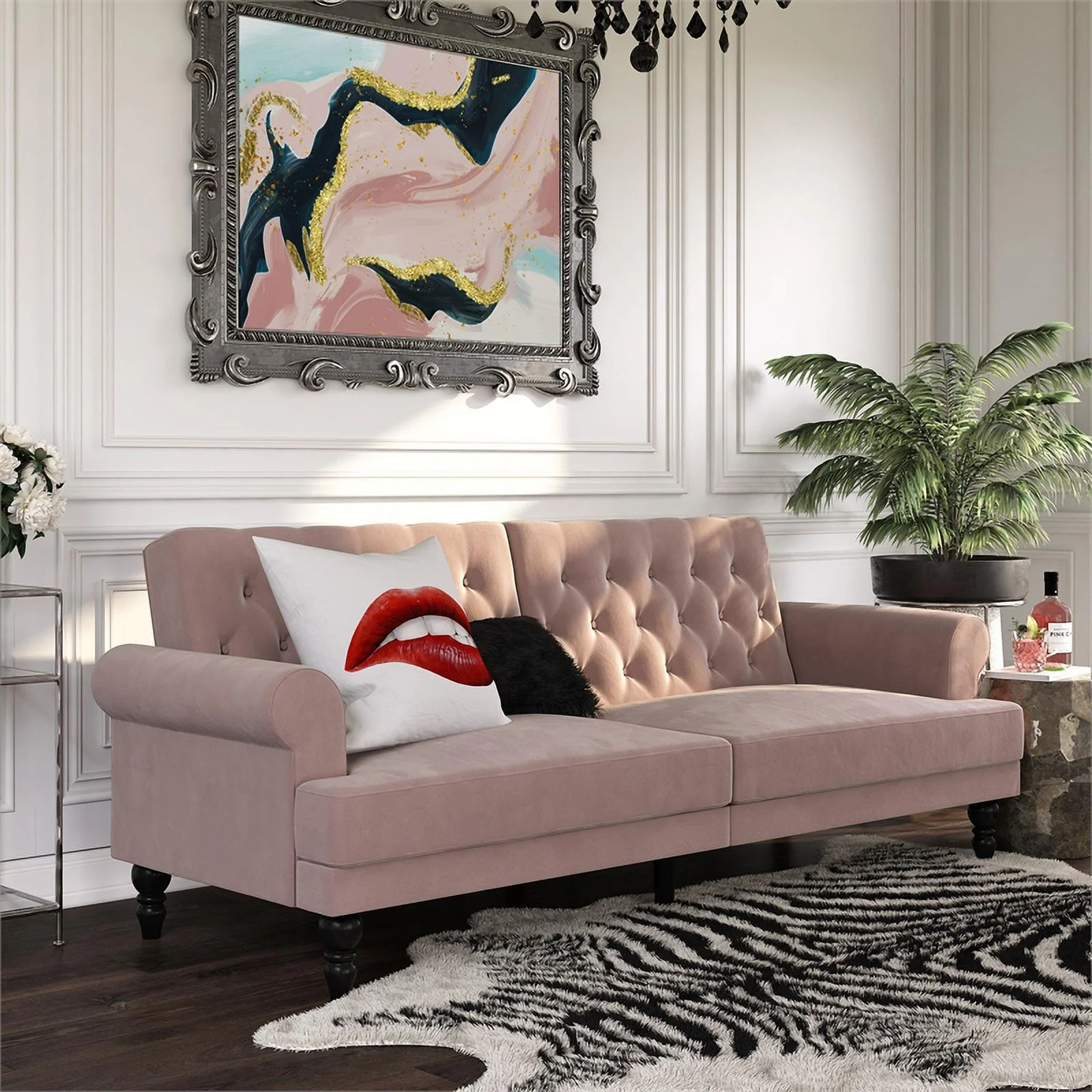 Pemberly Row Modern / Contemporary Upholstered Futon in Blush Velvet