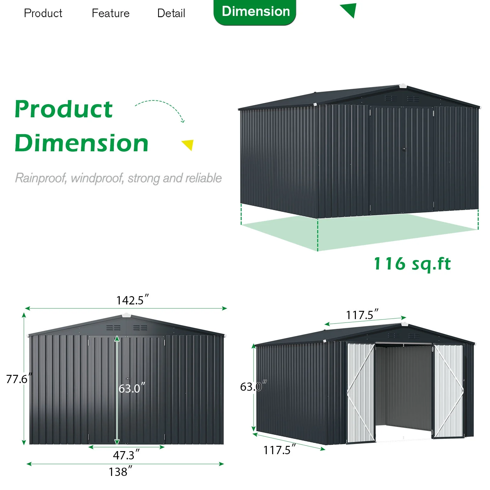 AECOJOY 10' x 12' Outdoor Metal Storage Shed with Lockable Door for Backyard in Gray