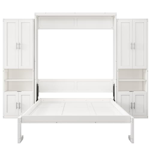 Queen Size Murphy Bed with Desk & Charging Station,Wall Bed Frame Folding into Cabinet Design w/LED & Storage Shelf for Small Space,Bedroom