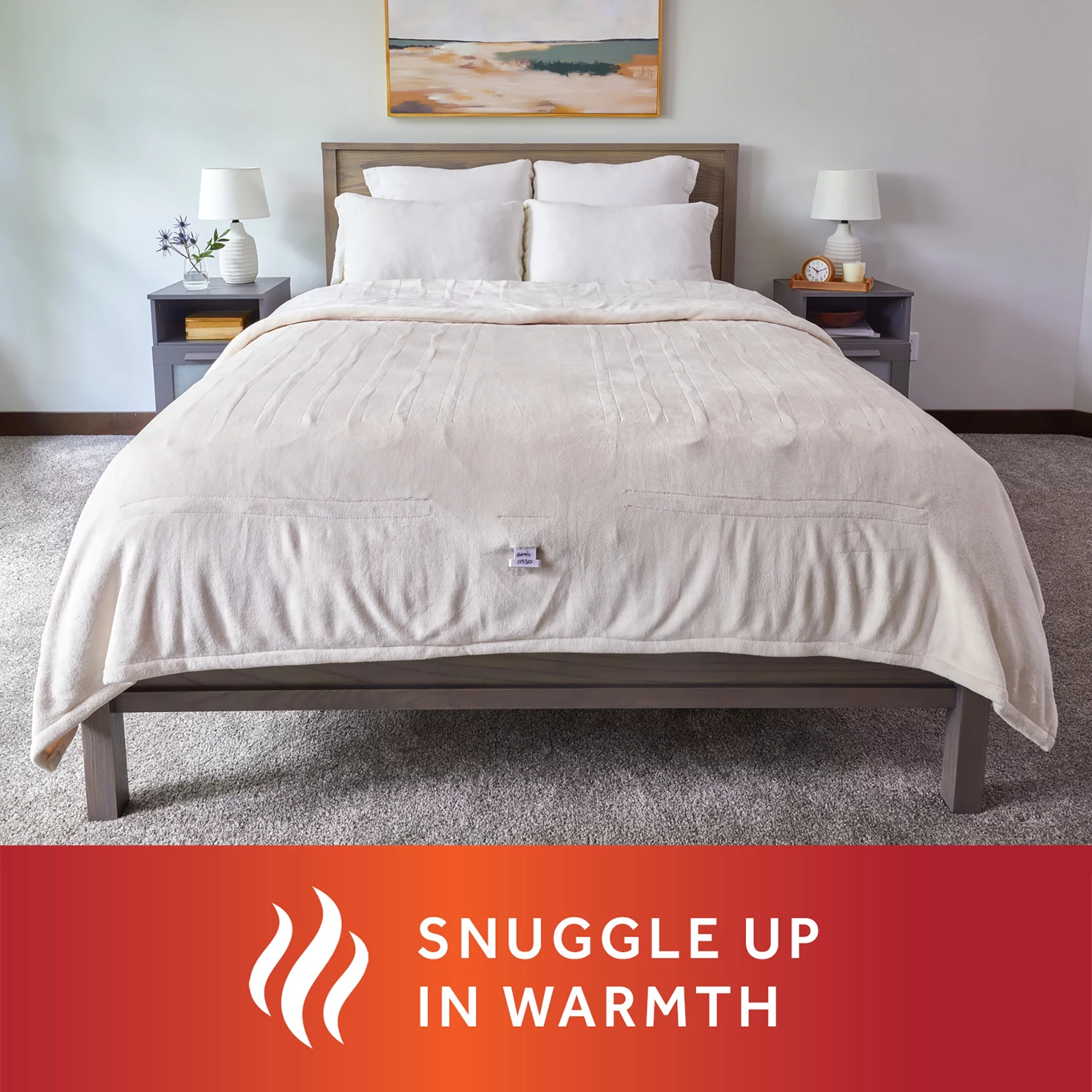 Sunbeam Cream Nordic Velvet Electric Heated Blanket Twin Size, 84" x 62", 12 Heat Settings, Fast Heating, Heating Blankets with Controller