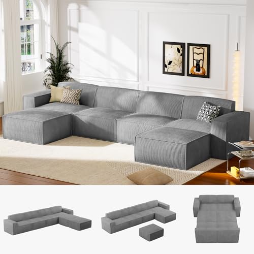 Marsail 142" Oversized Deep U Shaped Modular Sofa, Corduroy Cloud Couches with Deep Seats and High-Back Design