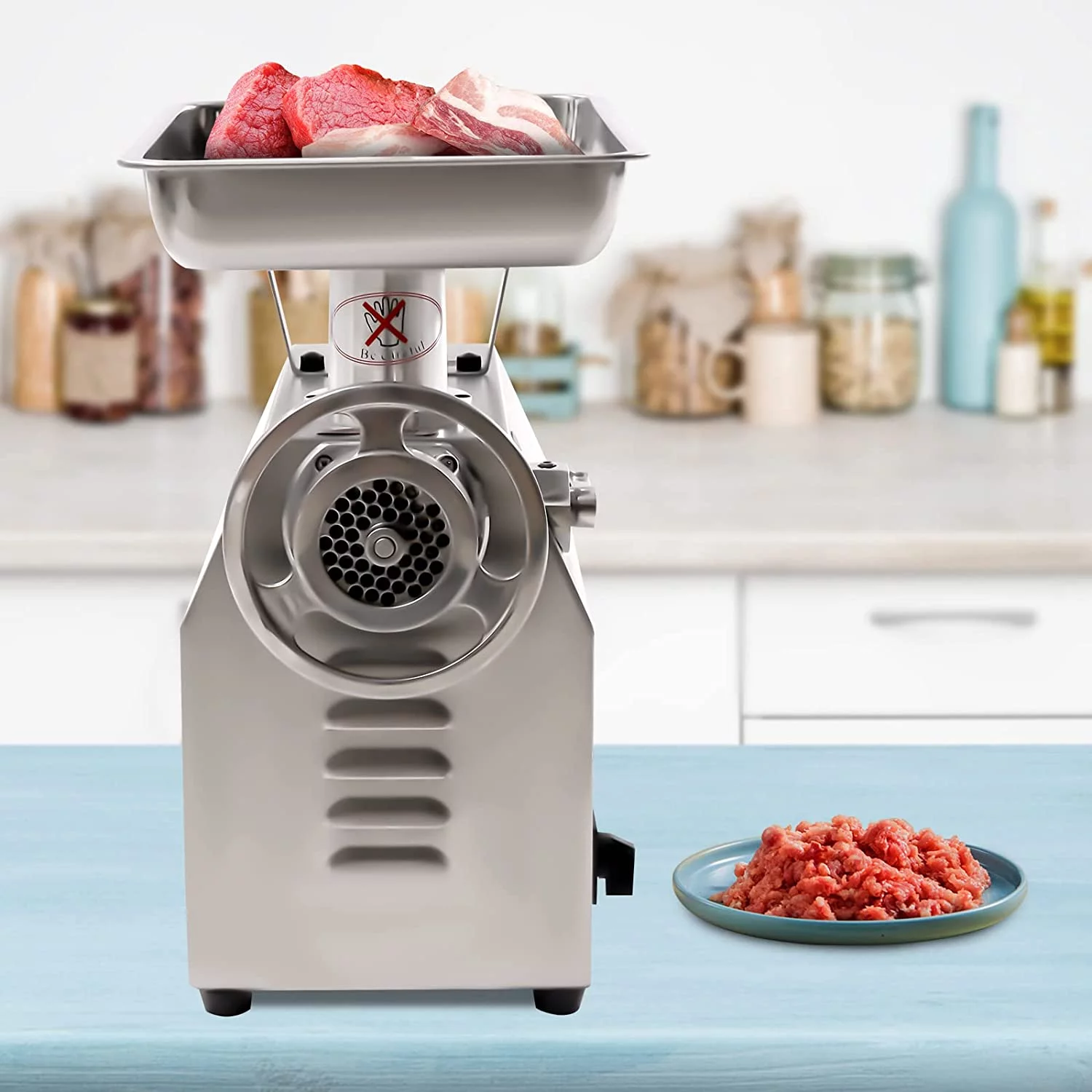 Miumaeov 110V Commercial Electric Meat Grinder Stainless Steel 1100W Counter Top 550lbs/h