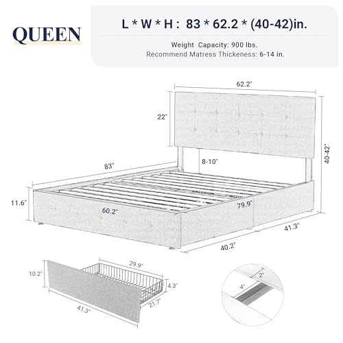 Allewie Upholstered Queen Size Platform Bed Frame with 4 Storage Drawers and Headboard, Square Stitched Button Tufted