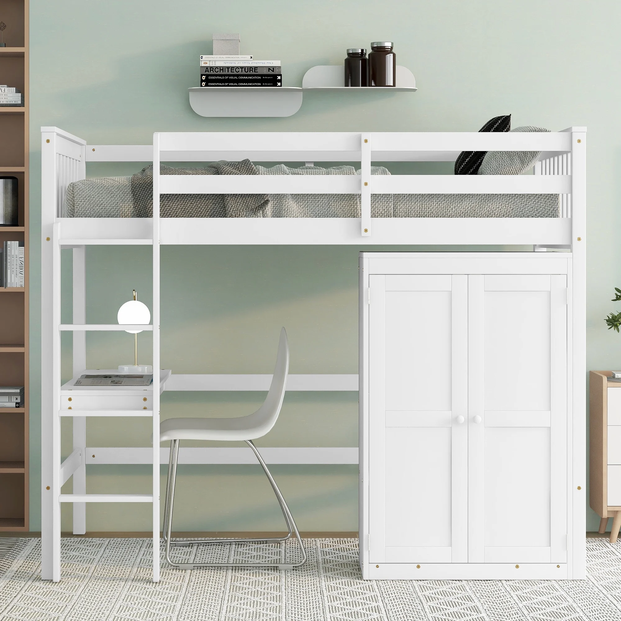 iRerts Loft Bed Frame for Girls Boys, Kids Twin Loft Bed Frame with Desk and Wardrobe, White Space Saving Loft Bed with Full Length Guardrail