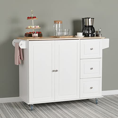 GREEN PARTY Kitchen Island on Wheels, Portable Rolling Kitchen Cart Storage Cabinet with Drop Leaf,Spice Rack, Towel Rack & Drawers-White
