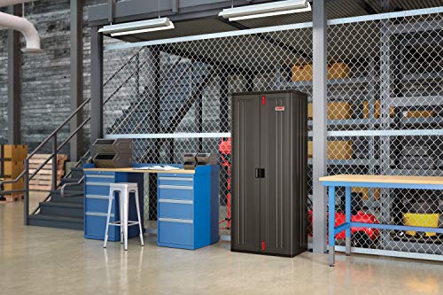 Suncast 19 Cubic Ft. Heavy-Duty Resin Cabinet with Lockable Handles, Multi-Wall Construction, and Metal-Reinforced Shelves for Basement