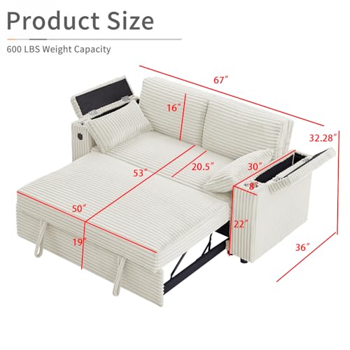 68.11" Corduroy Sleeper Chair Bed with USB Port, Cup Holders & Side Storage Pockets – 3-in-1 Foldable Sofa Bed for Guest Room, Living Room – White