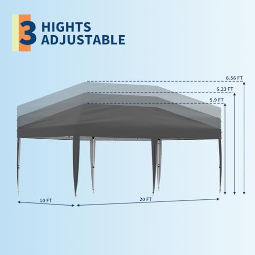 10x20 Pop Up Canopy - Easy Up Camping Tent with One Roller Bag, 3 Adjustable Height, 4 Weight Bags for Deck, Garden, Sports, Beach, Party - White