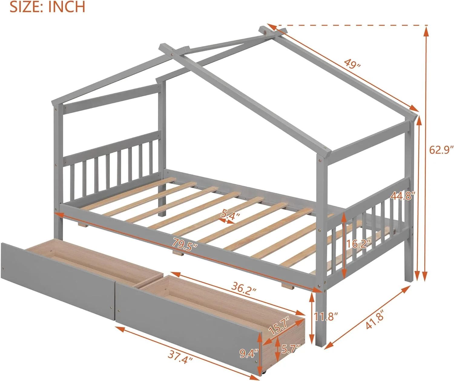 Size House Bed With Drawers, Wooden Platform Bed Frame With Headboard And Footboard, Roof Design, For Guest Room/Living Room, Gray