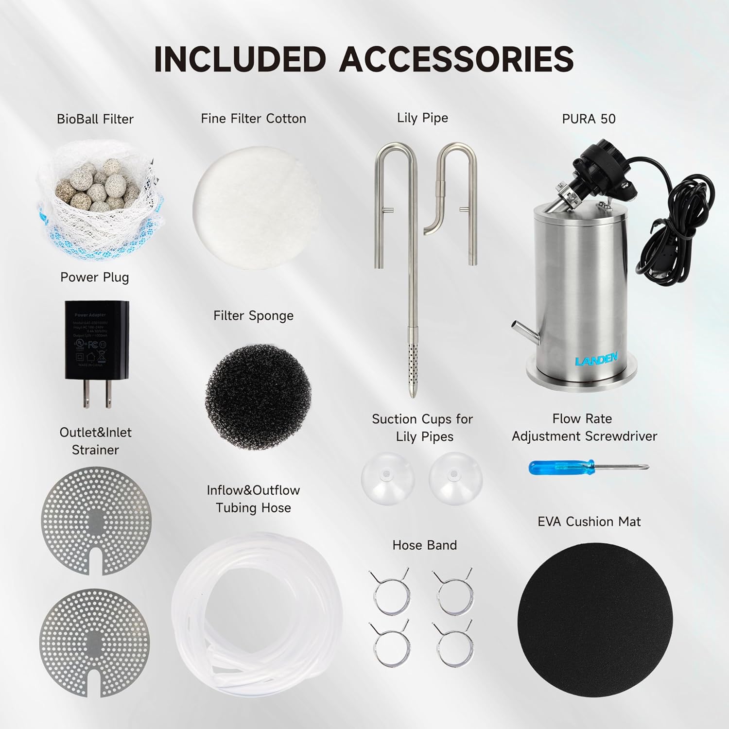 LANDEN PURA 50 Mini External Canister Filter for Aquarium System, up to 5 Gallon, Stainless Steel Aquarium Canister with Water Pump