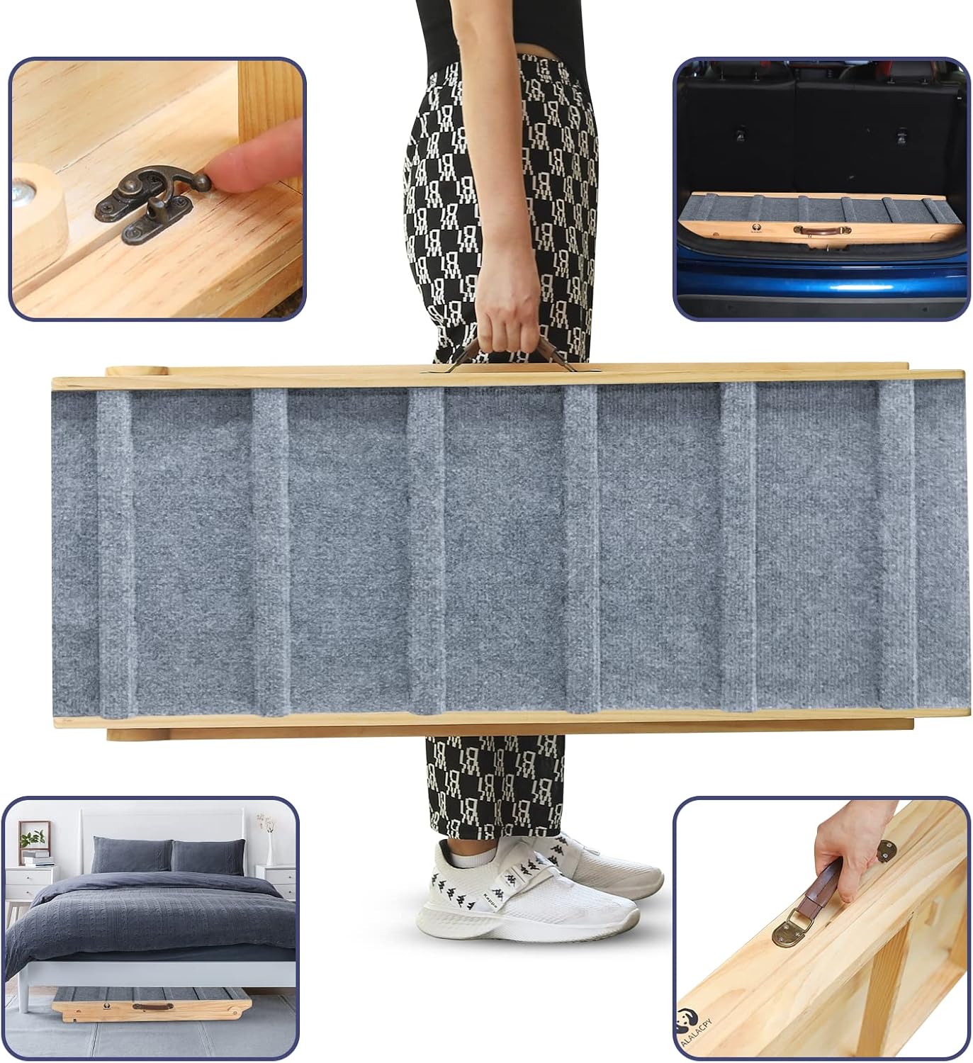 High Traction Dog Ramp, Folding Portable Wooden Pet Ramp for All Small Large Animals - 42" Long and Adjustable from 14” to 26” - Rated for 200lbs