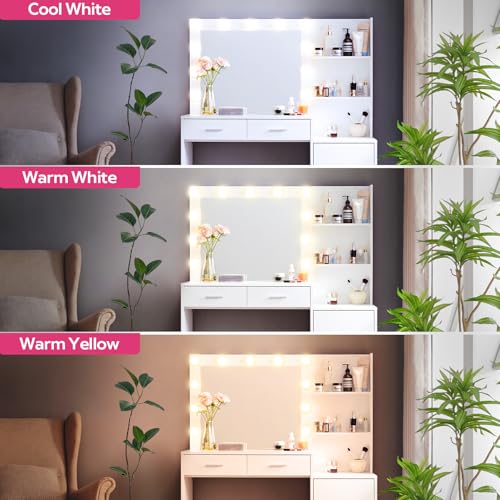Vanity Desk with Mirror and LED Light Strip,Dressing Table with Large Drawer, 3 Level Storage Dresser & 3 Lighting Modes Adjustable Brightness