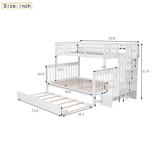 Ball & Cast Full Over Full Bunk Bed with Twin Size Trundle and Built in 4 Drawer,Wood Bunkbed w/Storage Ladder & Slat Support
