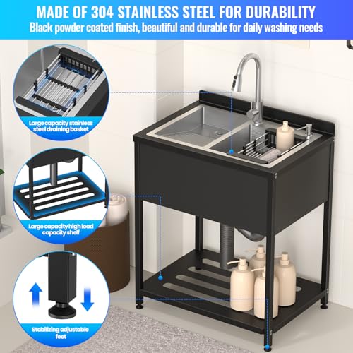 Stainless Steel Utility Sink, 30.8" × 22" × 39.5"Freestanding Sink with Cold and Hot Water Faucet,Hoses and Drain Kit for Kitchens, Bathrooms, Garage
