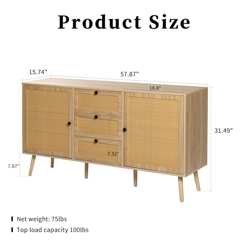 Rattan Sideboard Buffet Cabinet Boho Rattan Storage Cabinet with 2 Doors and 3 Drawers Accent Cupboard Console Table with Adjustable Shelves for