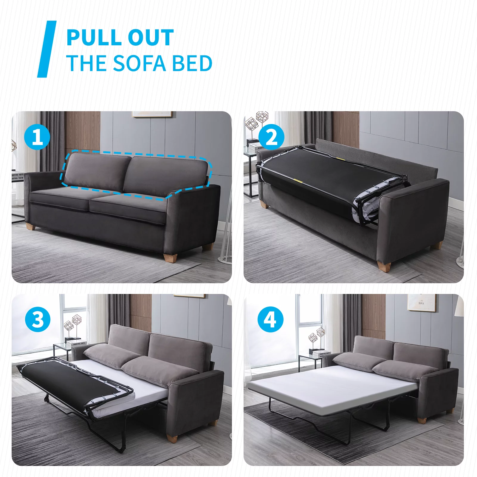 Mjkone Pull Out Sofa Bed, Sleeper Sofa Bed with Memory Foam Mattress, 2-in-1 Pull Out Couch Bed Suitable for Friends to Stay Temporarily