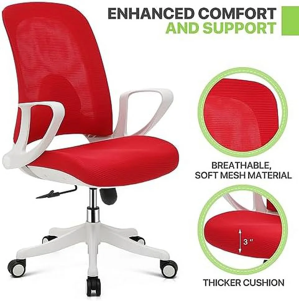 Office Desk Chair Mid-Back Mesh Swivel Chairs  Ergonomic Office Computer Chair with Flip-Up Arms  Red