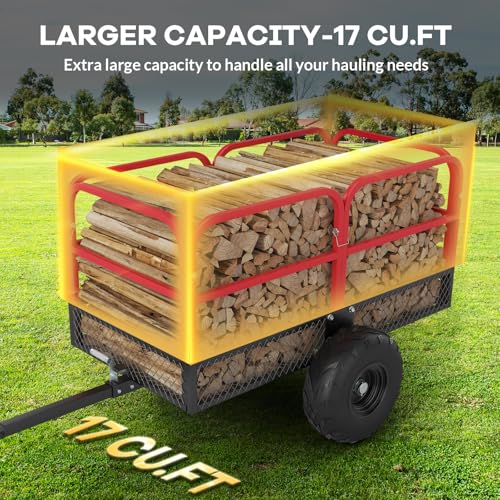 Heavy Duty ATV Trailer Dump Car, Utility Steel Yard Trailer, 1700-Pound Capacity Garden Dump Carts, Hand Pull or Foot Pedal Dump Cart for ATV, UTV