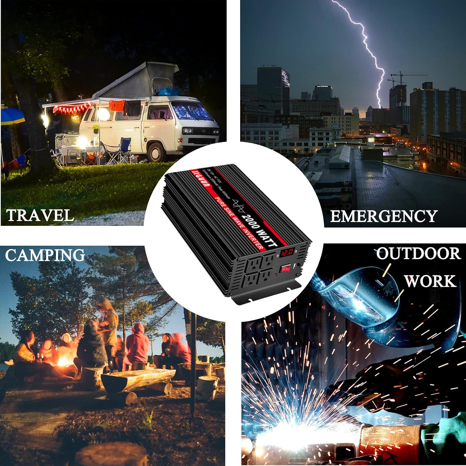 JIGUUN 2000 Watt Pure Sine Wave Inverter, Power Converter 12V DC to 110V/120V AC