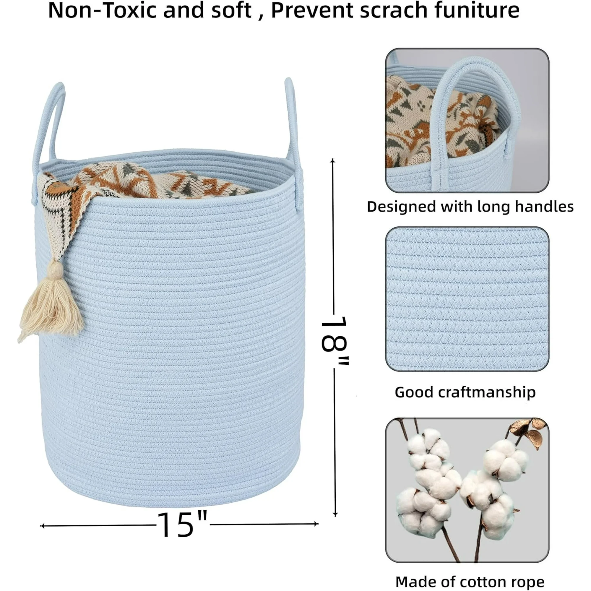 WarmHaven Rope Laundry Basket Hamper for Kids Girl Woven Storage Basket for Living Room Bedroom Boho Tall Baskets for Blanket Toys Pillow Towels Baby