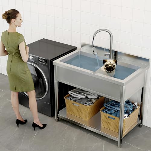 Stainless Steel Utility Sink, Large Freestanding Laundry Sink with Pull-out Faucet for Kitchen, Bathroom, Laundry Room, Garage, Outdoor/Indoor Use