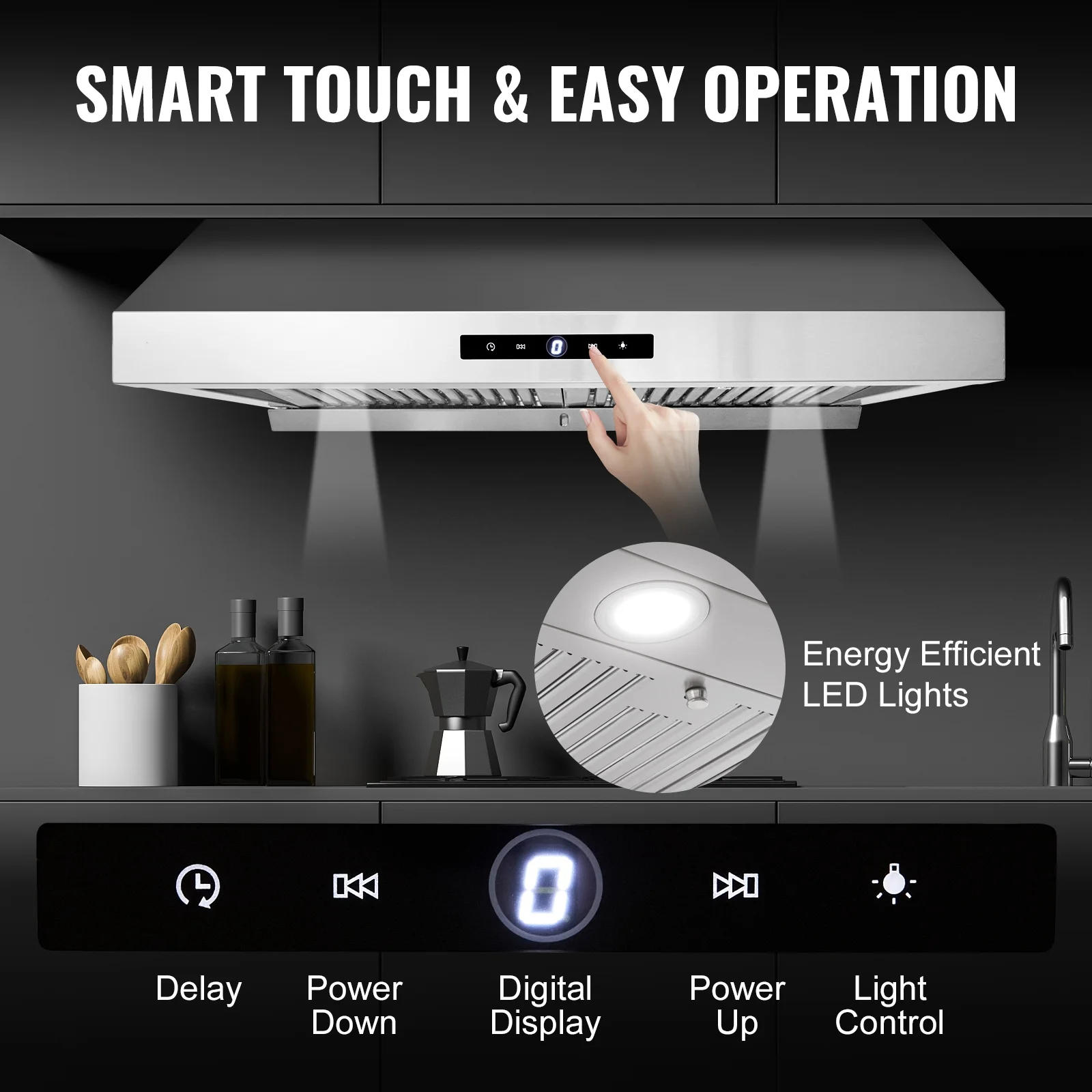 SKYSHALO 30" Under Cabinet Range Hood Ductless Kitchen Vent Stainless Steel LED