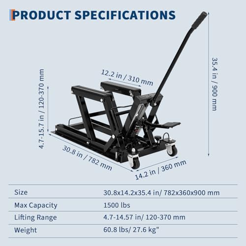Hydraulic Motorcycle Lift Jack, GARVEE 1500 LBS Capacity Steel ATV Lift Stand Hoist with Wheels