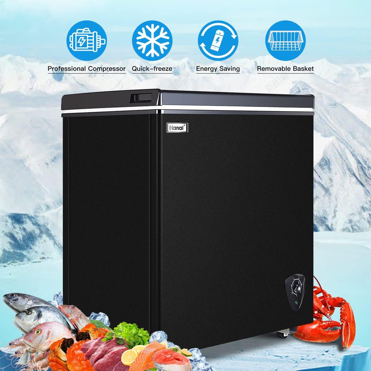 Deep Freezer Chest Freezer WANAI 5.0 Cubic Small Deep Freezer with Top Open Door and Removable Storage Basket, 7 Gears Temperature Control