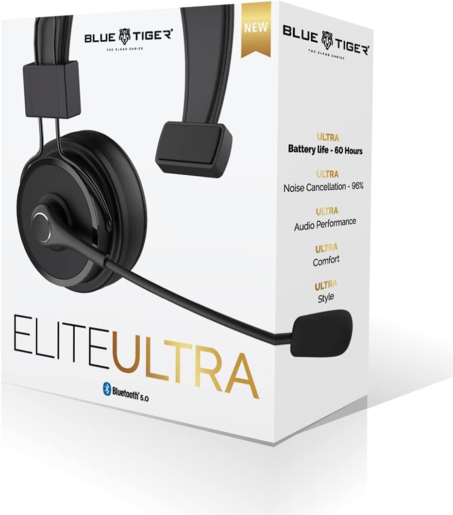 Blue Tiger Elite Ultra Wireless Bluetooth Headset &ndash; Truckers&rsquo; Professional Headset - Noise Cancellation Bluetooth 5.0 Head Set &ndash