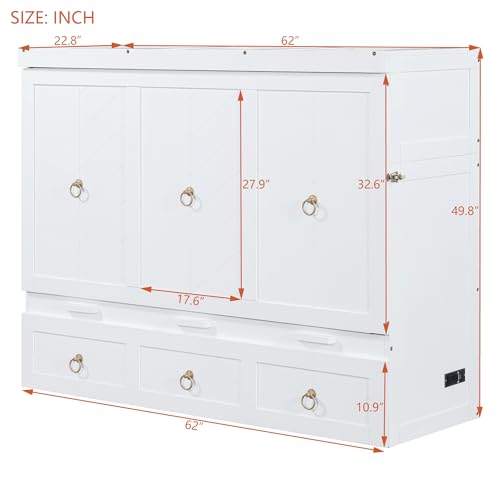 Harper & Bright Designs Full Size Murphy Bed Wall Bed, Solid Pine Murphy Bed Chest Cube Cabinet Bed with USB
