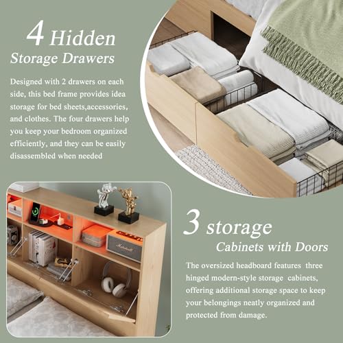 Queen Bed Frame with 47" Storage Headboard, Queen Size Wood Bed Frame with 4 Storage Drawers, Built-in Charging Station & LED, Solid Wood Slats