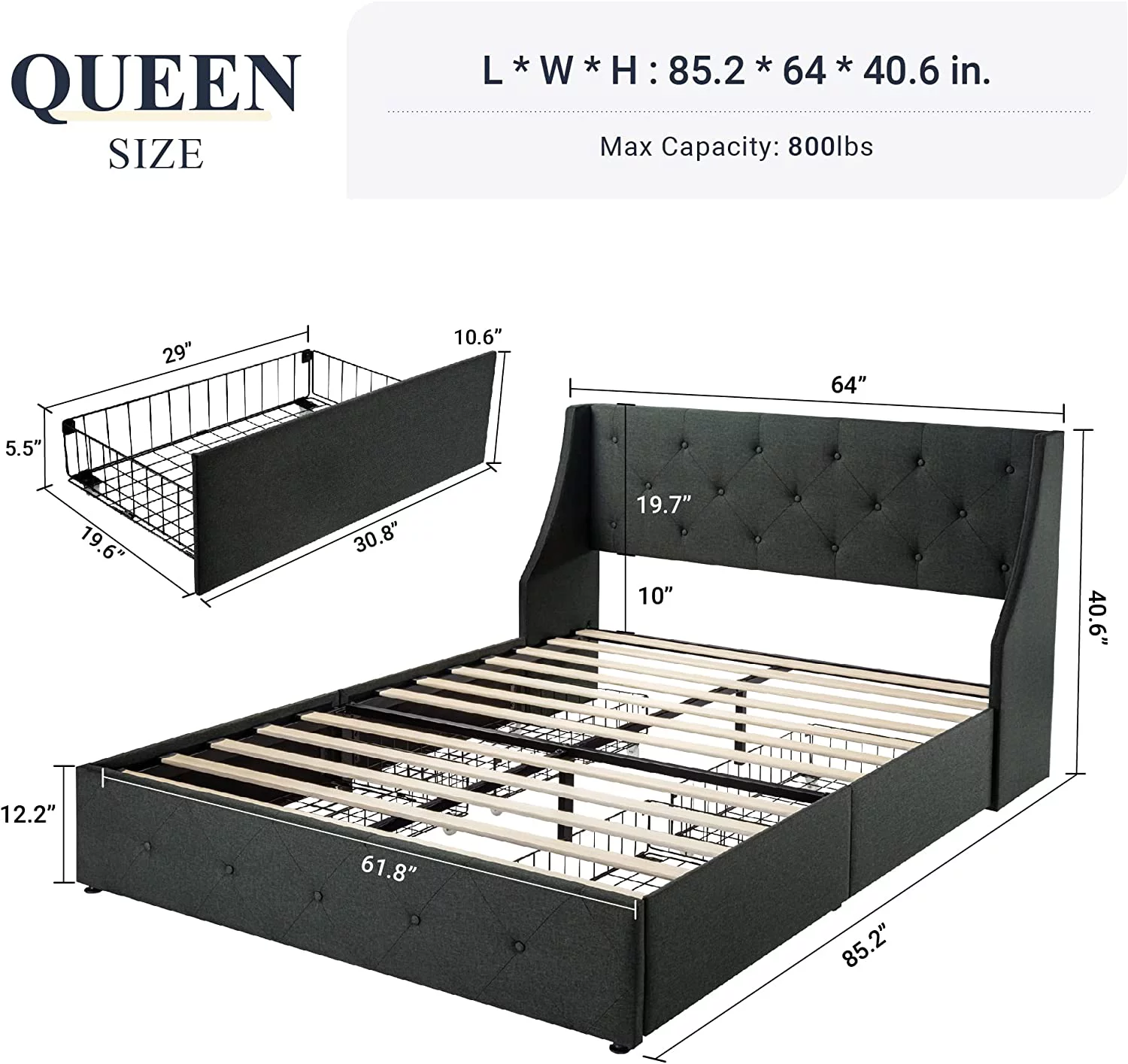 Allewie Queen Size Bed Frame with 4 Storage Drawers and Button Tufted & Wingback Headboard, Dark Grey