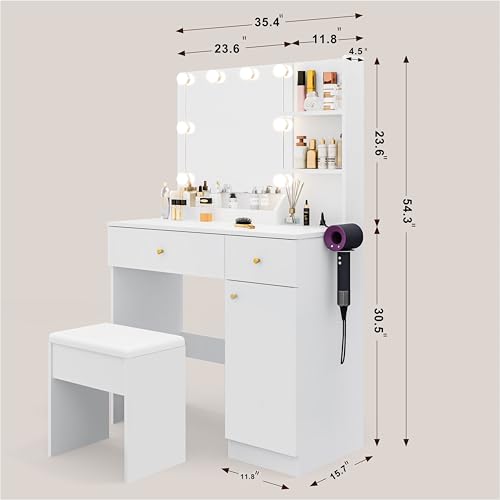 Vanity Desk with Mirror and Lights Dimmable LED Makeup Table with Drawers Side Cabinet 3 Storage Shelves Power Outlet Dressing Table Set Include