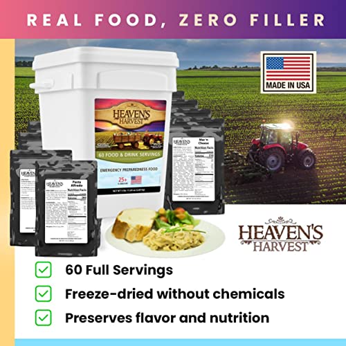 Heaven’s Harvest 25-Year Family Food Kit — Premium Emergency Food Supply. Freeze Dried Survival Food Kit + Water-Proof 25-Year Storage Bucket. MRE