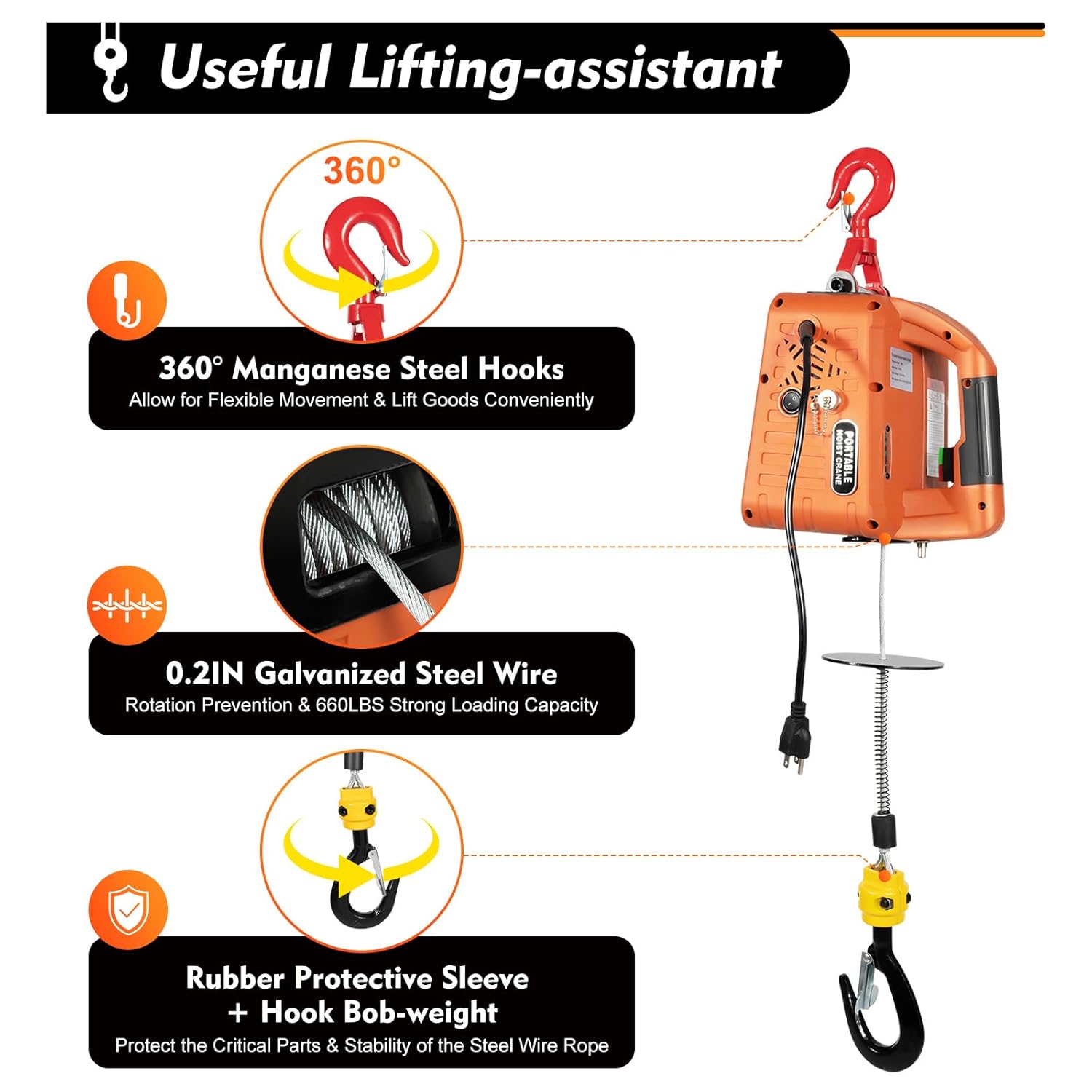 3 in 1 Electric Hoist Winch 660LBS Portable Electric Winch 110V 1500W Electric Hoist Winch with Wired and Wireless Remote Control Lift 16ft/Min
